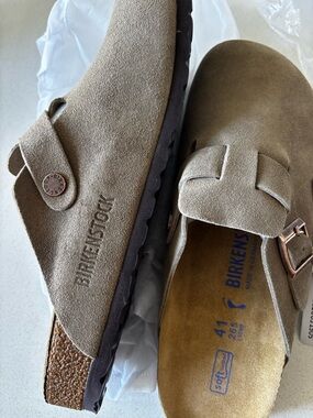 Birkenstock Men's Suede Boston Clog in Taupe Brown size 8-81/2